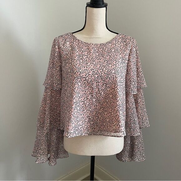 BCBG Generation Bell Sleeve Blouse Small Pink Black Dots Metallic Ruffled Boho - Picture 1 of 12